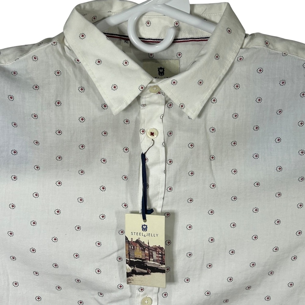 STEEL & JELLY Mens White Dot Print Short Sleeve Button Up Shirt Brand New XL